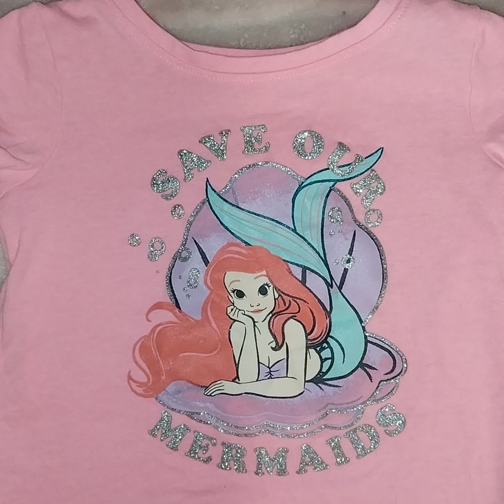 Disney Pink Ariel Mermaid Graphic Tee with Aqua Tail and Coral Hair